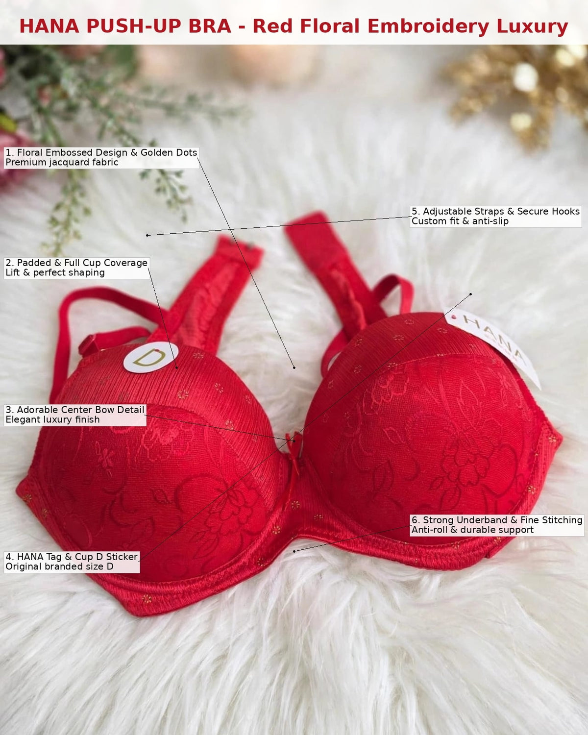 HANA Push-Up Bra – Red Floral Embroidery Luxury