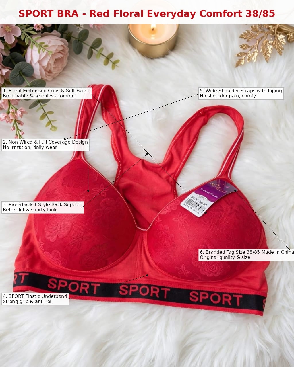 Sport Bra – Red Floral Everyday Comfort