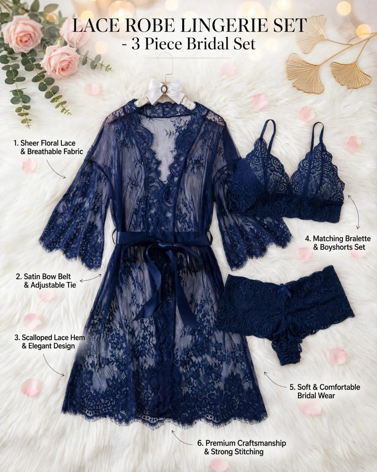 Lace Robe Lingerie Set – 3-Piece Bridal Nighty Set