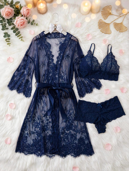 Lace Robe Lingerie Set – 3-Piece Bridal Nighty Set