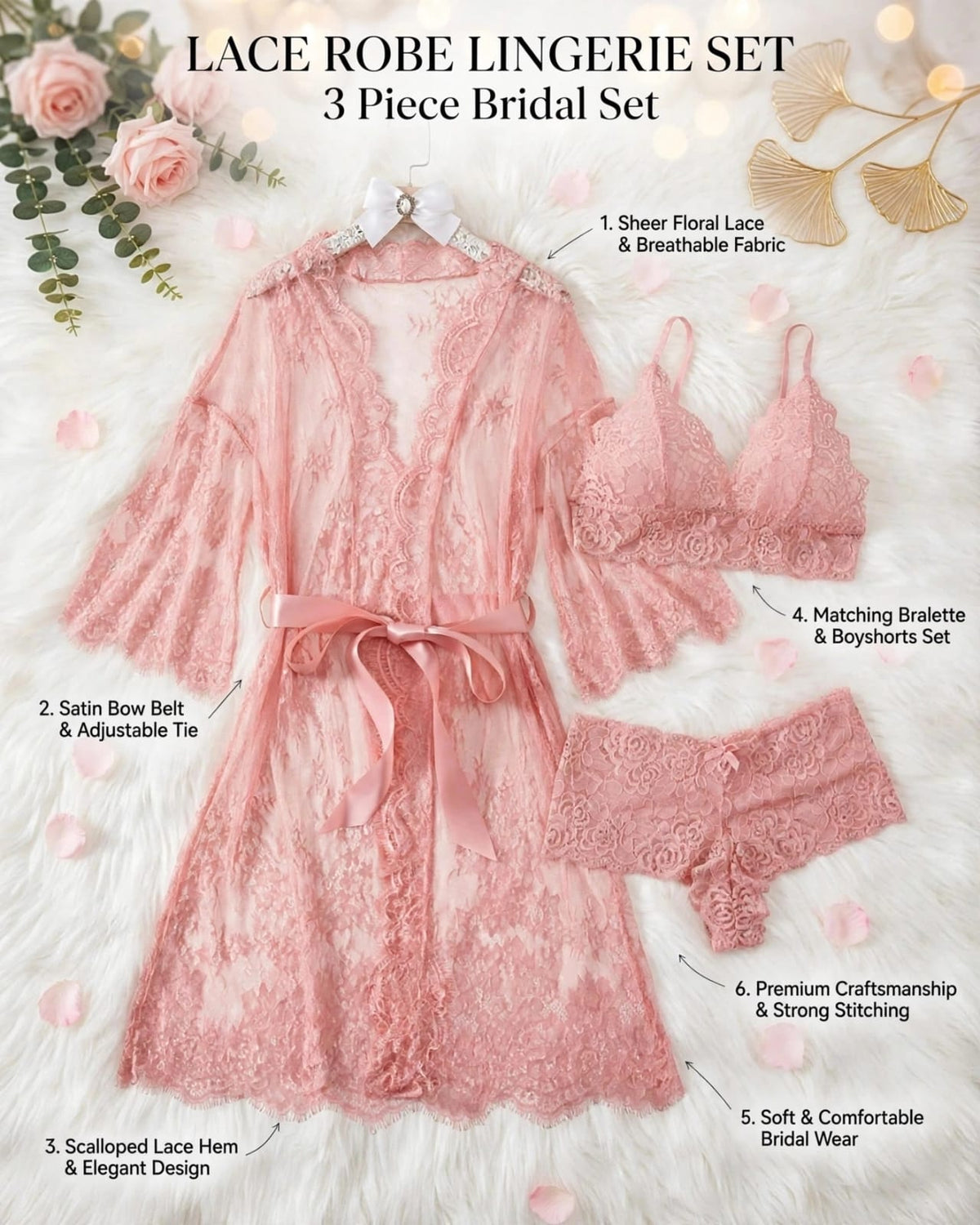 Lace Robe Lingerie Set – 3-Piece Bridal Nighty Set