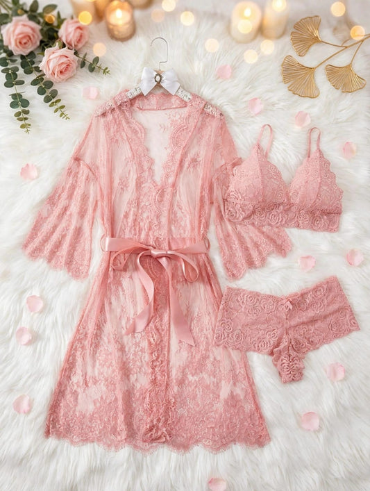 Lace Robe Lingerie Set – 3-Piece Bridal Nighty Set