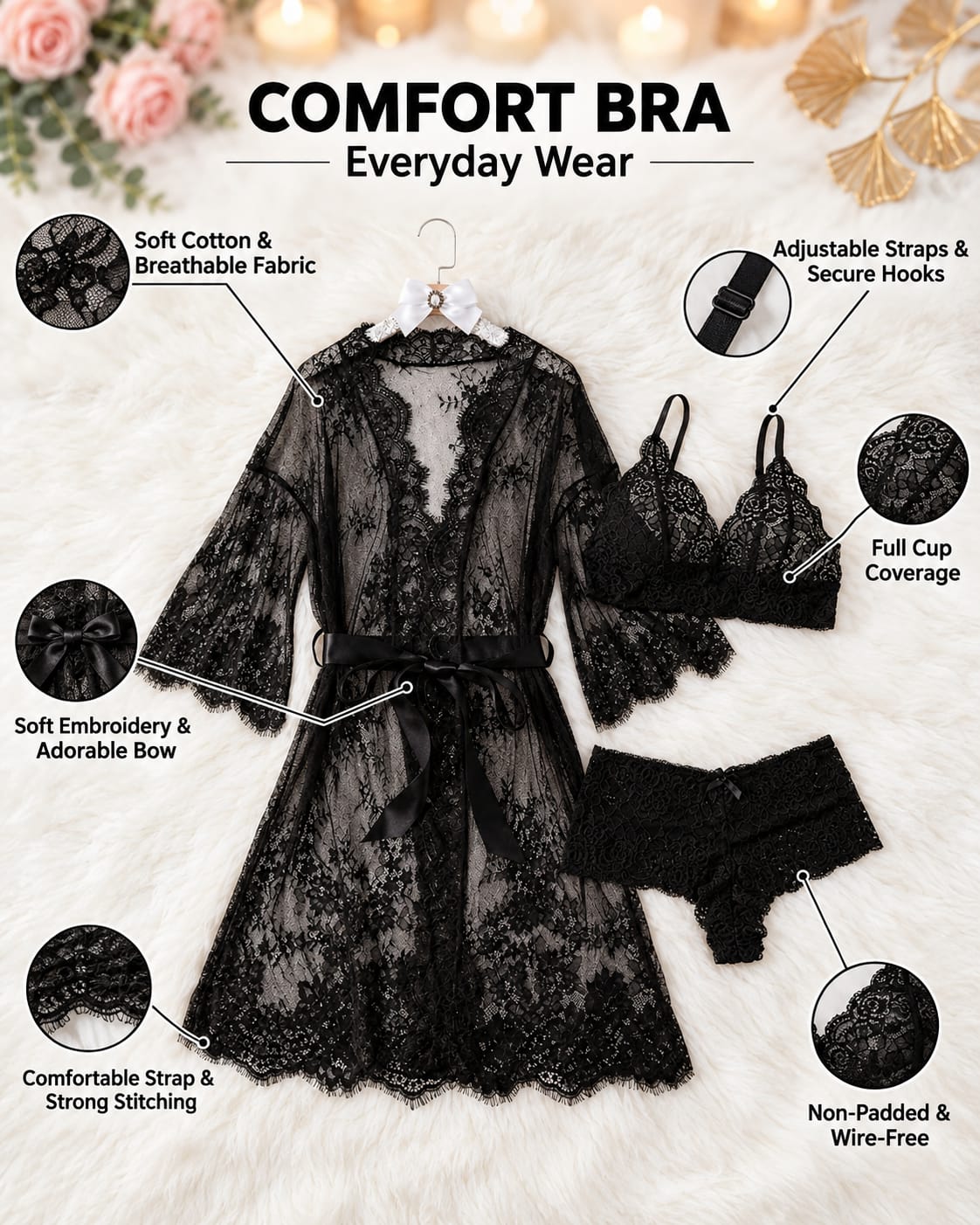 Lace Robe Lingerie Set – 3-Piece Bridal Nighty Set