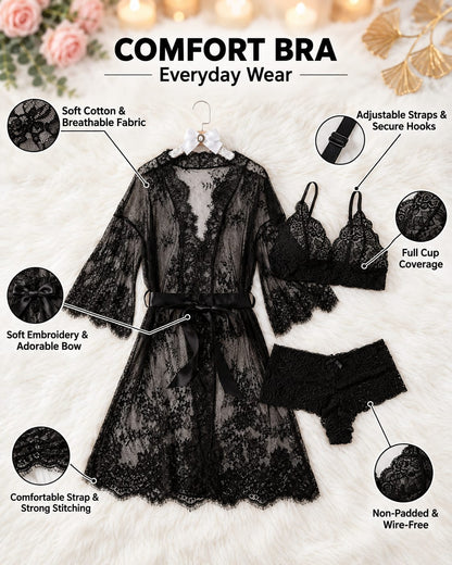 Lace Robe Lingerie Set – 3-Piece Bridal Nighty Set